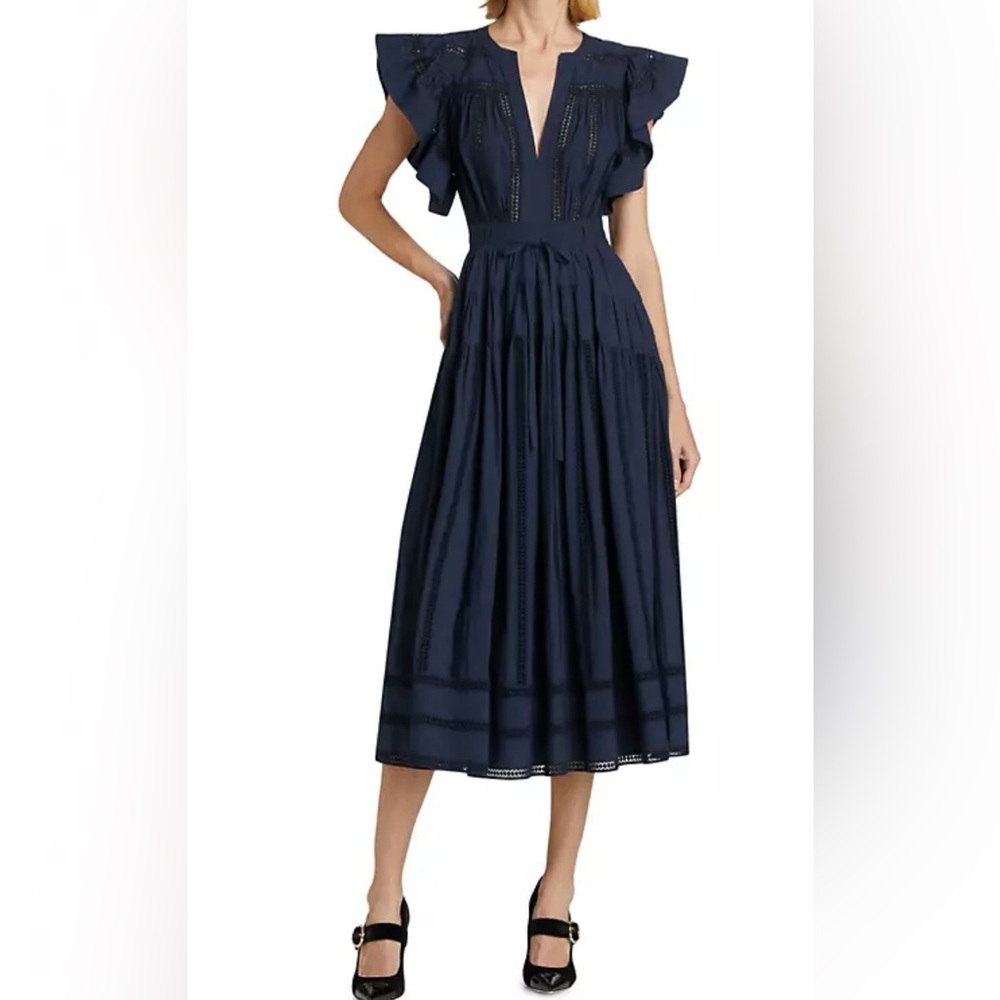 ULLA JOHNSON
Emery belted tiered ruffled lace-trimmed cotton midi dress NWOT